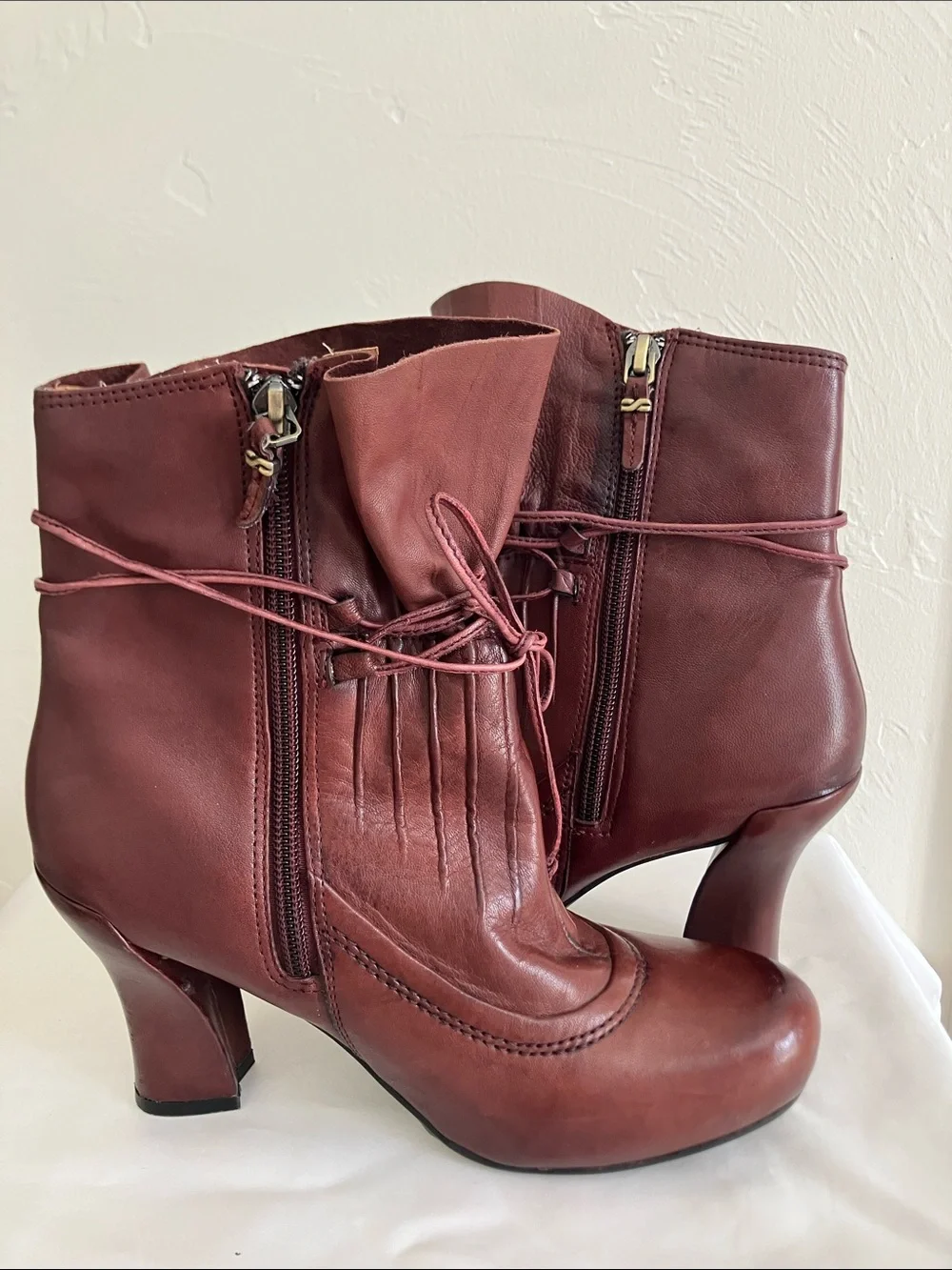 Earthies Burgundy Leather Ankle Booties with Wrap Laces